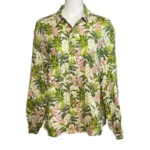 Cami NYC Belkis Shirt Crystal Embellished Buttons Linen Floral Tropical Top sz L